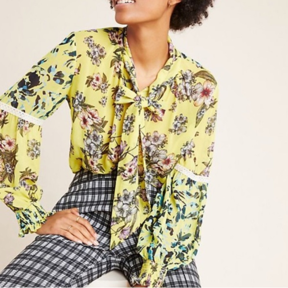 Anthropologie mindy Floral Tie Neck Blouse Varun Bahl